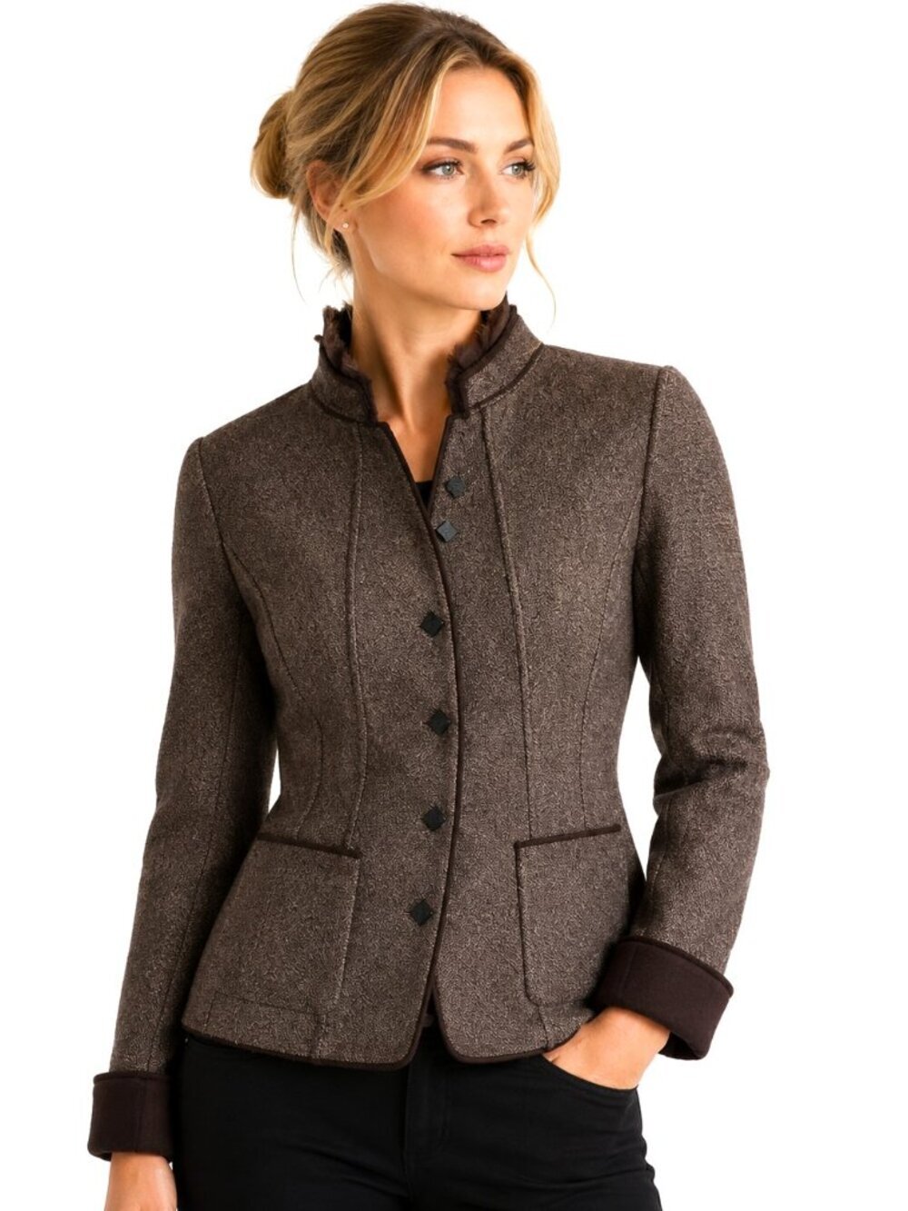 Elie Tahari Taupe Wool Raw Edge Velvet Trim Snap Front Fitted Jacket